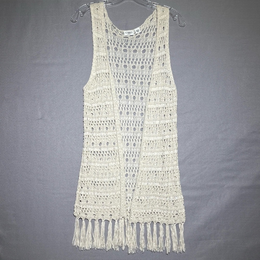Crochet cardigan open knit long fringed Coachella country southwestern ivory L